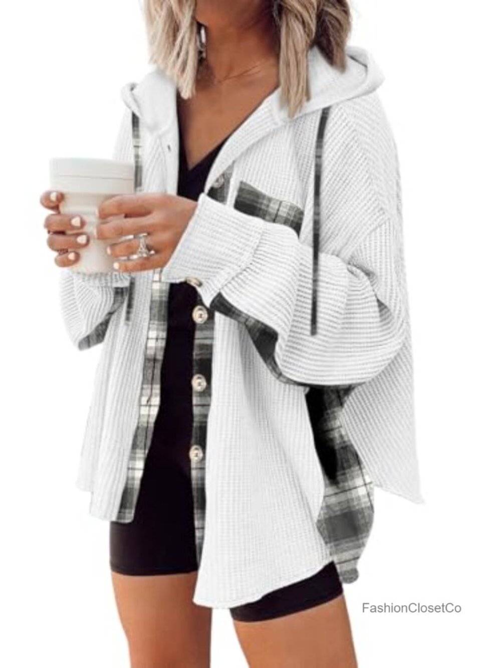 Waffle Knit Plaid Shacket Hooded Button Down Jacket Loose Fit